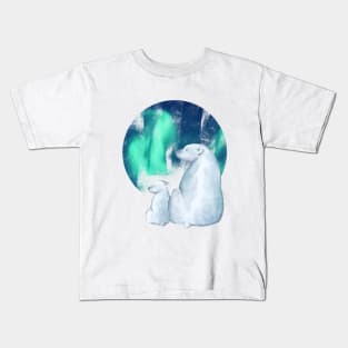 Northern Lights Aurora Borealis Cute Polar Bear Mama and  Cub Kids T-Shirt